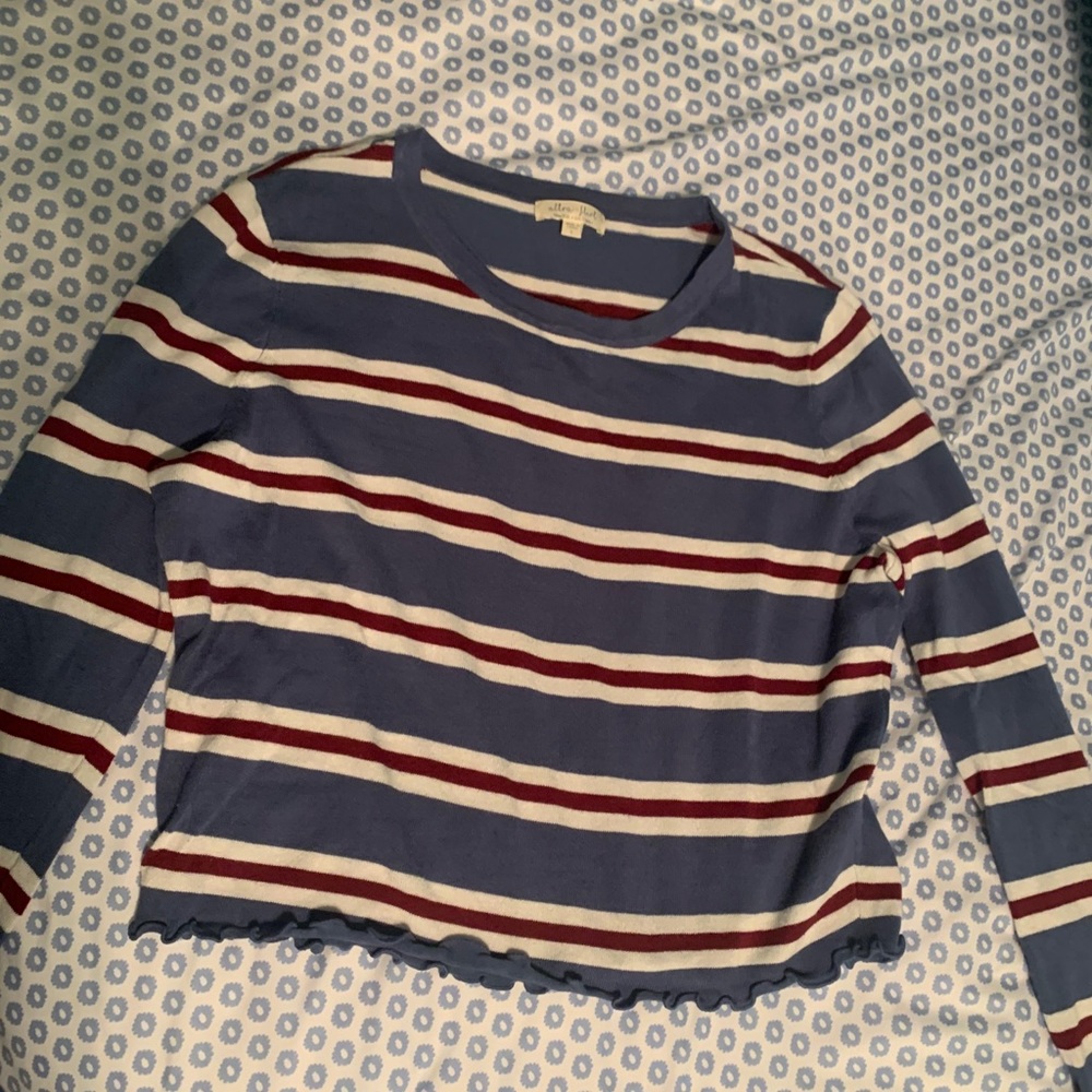 Stripped Long Sleeve Crop Top with Scallop Edges